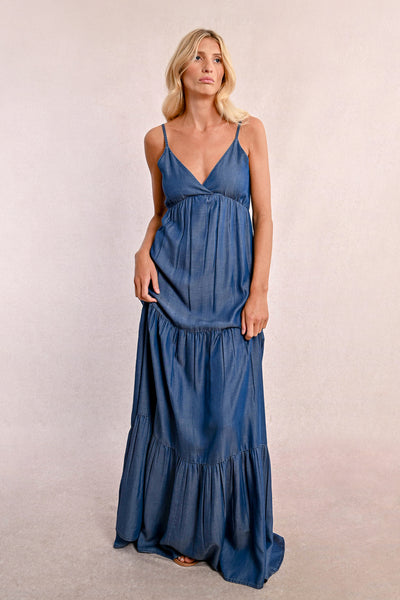 Tiered Denim Tank Maxi Dress with Empire Waist & Tie Back