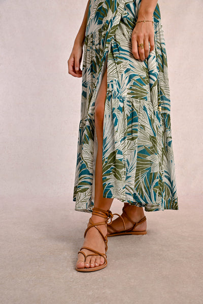 Palm Print Half Sleeve Tiered Maxi Dress