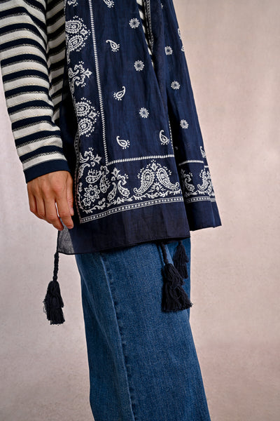 Navy Blue Paisley Scarf with Tassels