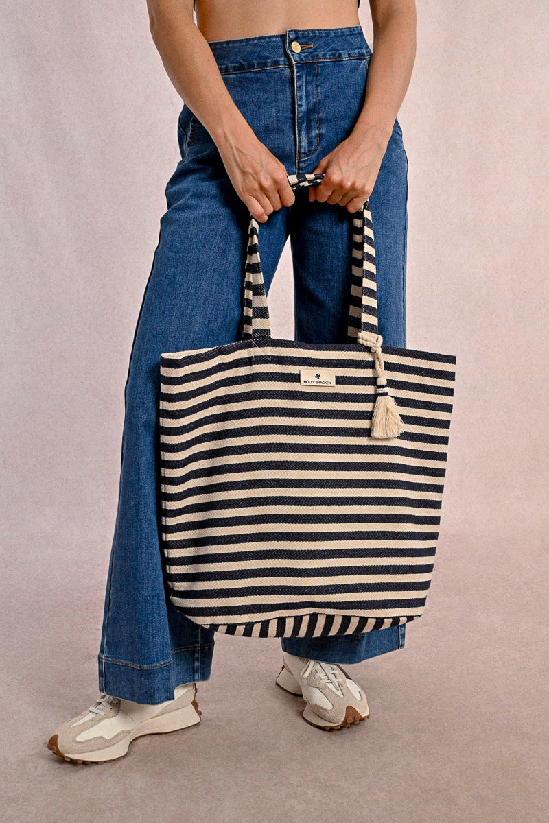 Off White & Black Striped Tote Bag