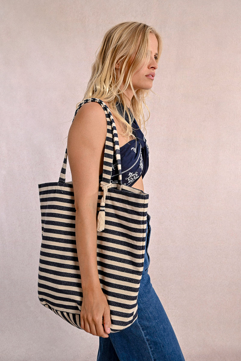 Off White & Black Striped Tote Bag