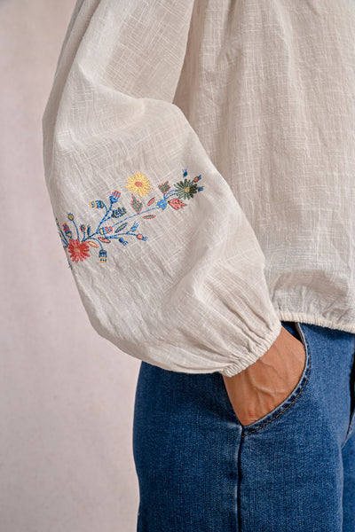Woven Long Sleeve Blouse with Embroidery Detail