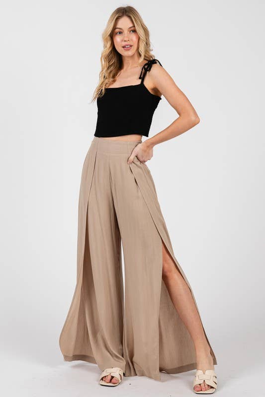 Solid Front Slit Wide Leg Pants