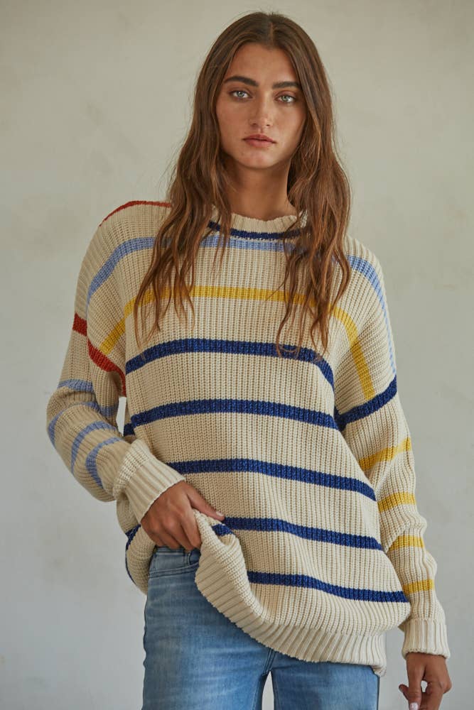 By Together W1418 | Knit Sweater Striped Pullover Top - Simple Good