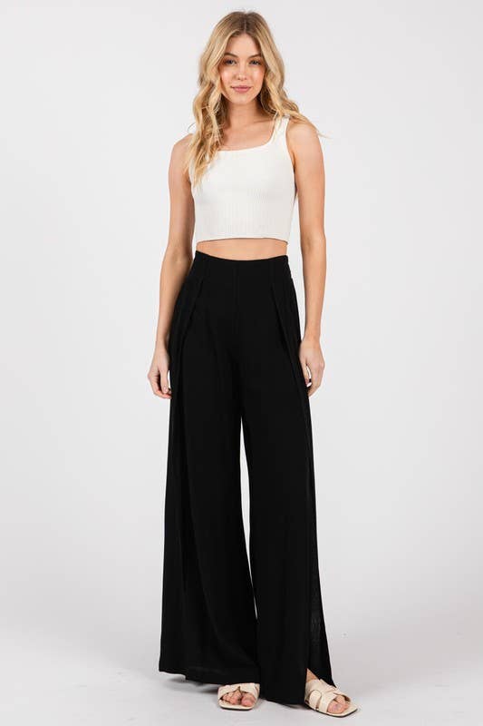 Solid Front Slit Wide Leg Pants