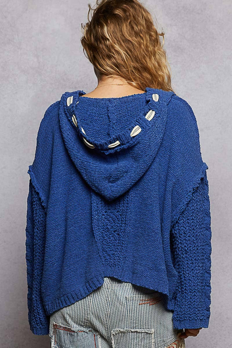 Oversize V-Neck Hooded Cable Knit Sweater