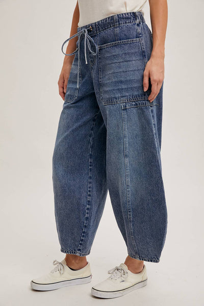 Mid- Rise Drawstring Barrel Jeans