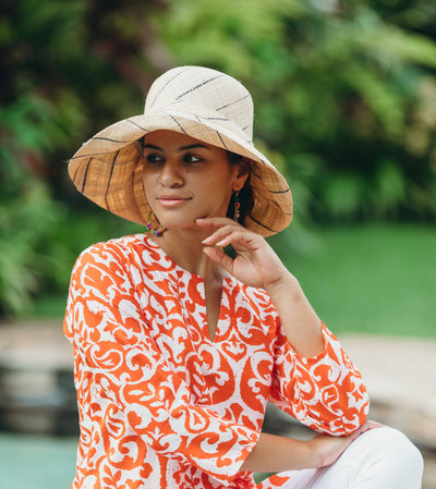 Monica 5" & 7" Wide Brim Pinstripe Packable Straw Sun Hats