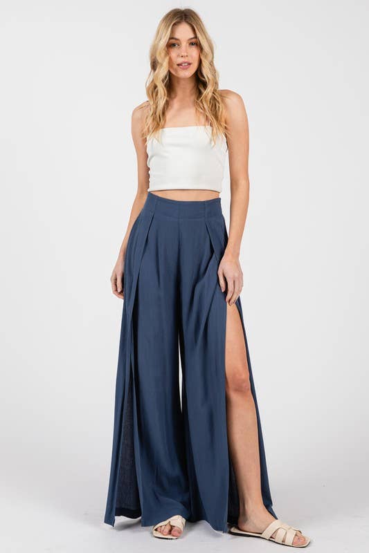 Solid Front Slit Wide Leg Pants