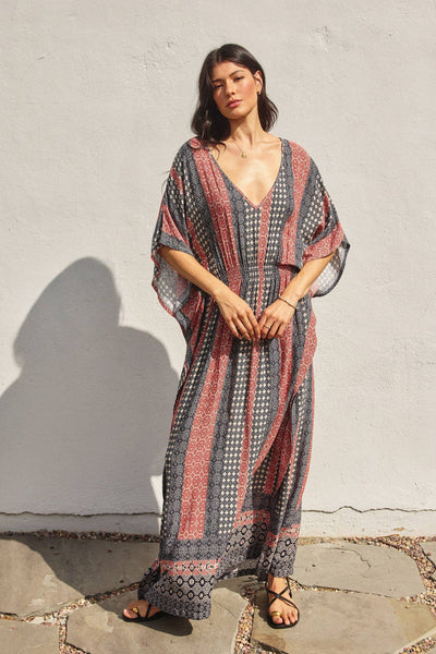 Border Print Cinch Kaftan Dress