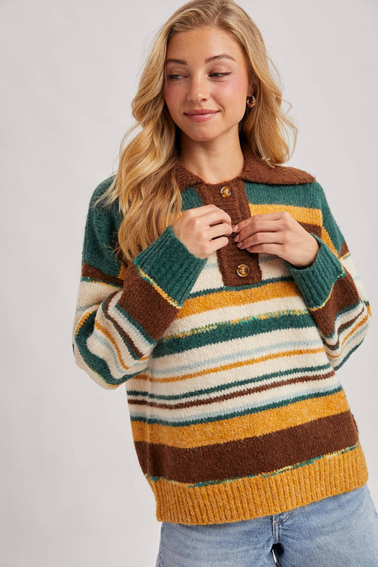 Multi-Colored Striped Polo Sweater