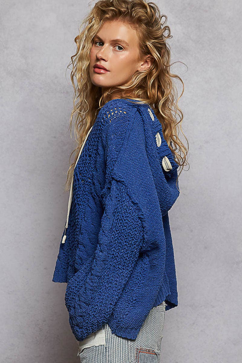 Oversize V-Neck Hooded Cable Knit Sweater
