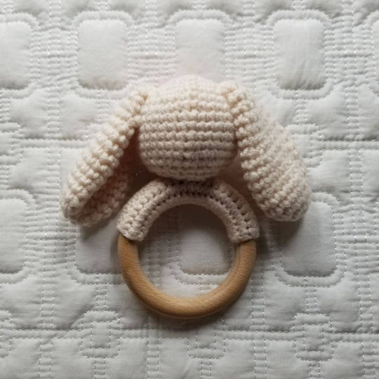 Bunny Hand Crocheted Cotton and Wood Rattle