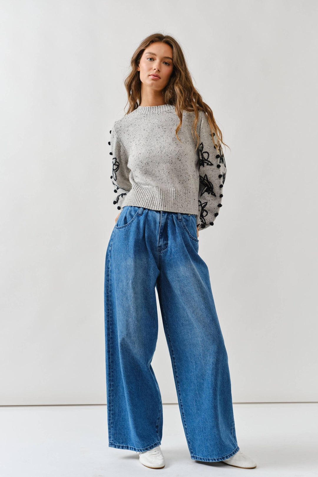 Floral Embroidered Sleeve Sweater with Pom Pom Detail