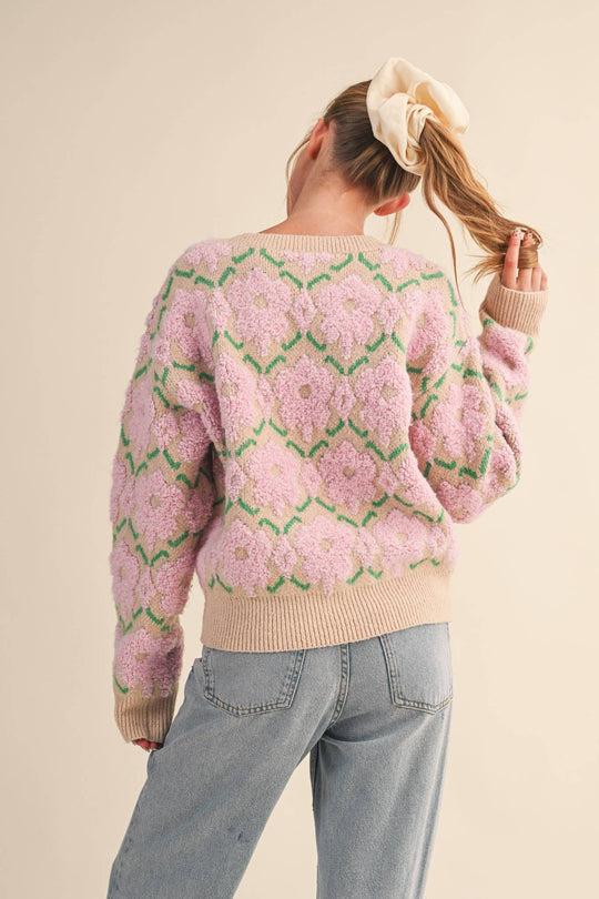 Fuzzy Pink Floral Sweater