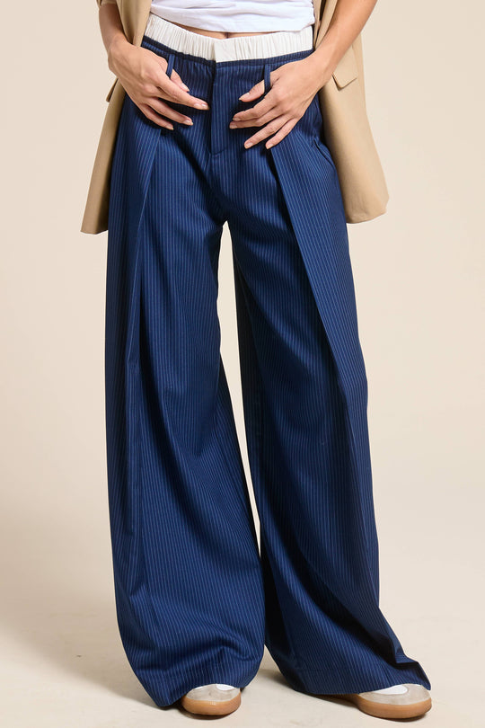 Pinstripe Wide Leg Pants with Contrast Waistband