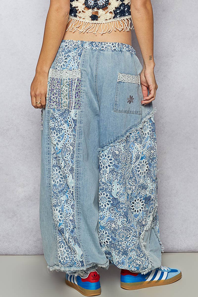Floral Print Patchwork Twill Joggers