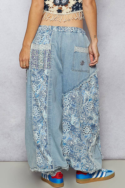 Floral Print Patchwork Twill Joggers