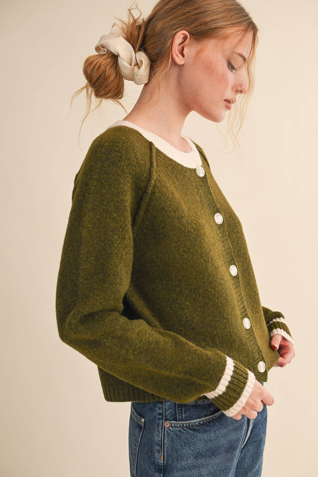 Olive & Cream Round Neck Cardigan