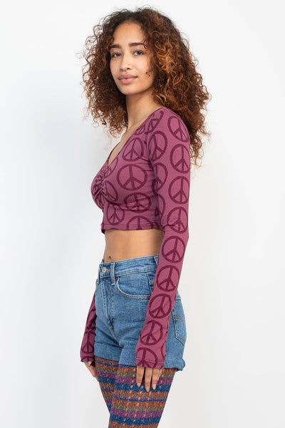 Peace Sign Long Sleeve Crop Top