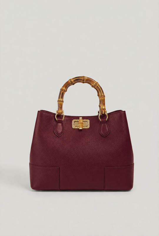 Genuine Burgundy Leather Bag with Natural Bamboo Handles