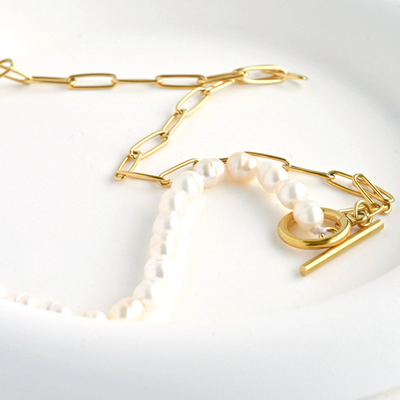Pearl Toggle Necklace - Half Paperclip Half Pearl Necklace