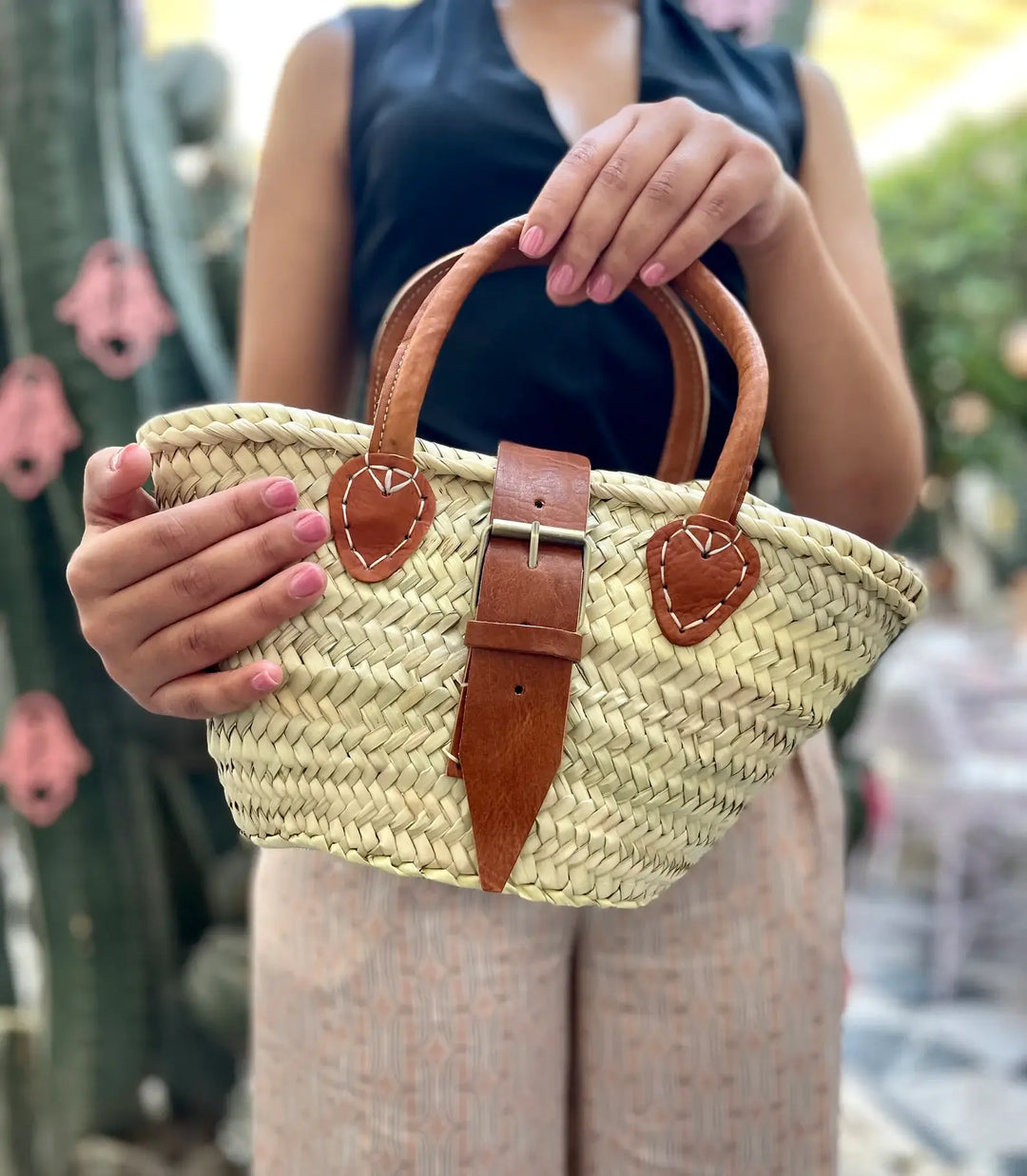 Handwoven Straw Basket Bag with Leather Handles