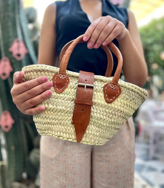Handwoven Straw Basket Bag with Leather Handles