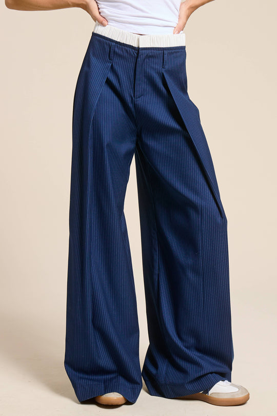 Pinstripe Wide Leg Pants with Contrast Waistband