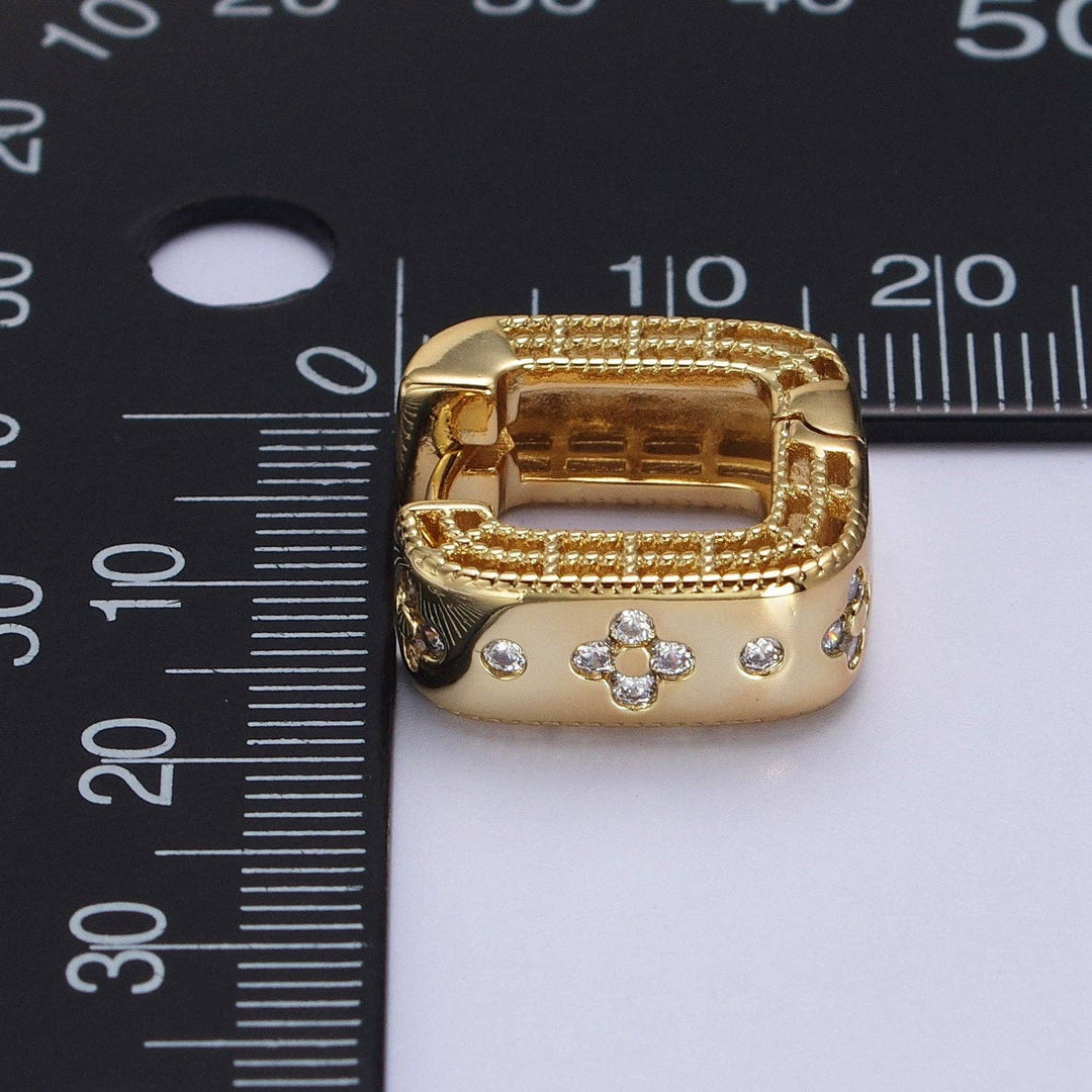 24K Gold Filled Square Huggies with Clear Quatrefoil Cubic Zirconia Inlay
