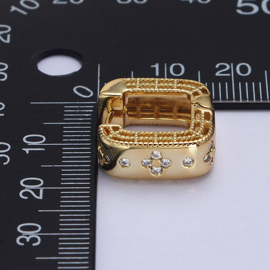 24K Gold Filled Square Huggies with Clear Quatrefoil Cubic Zirconia Inlay
