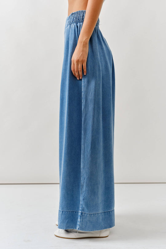 Smock Waist Soft Denim Wide Trousers