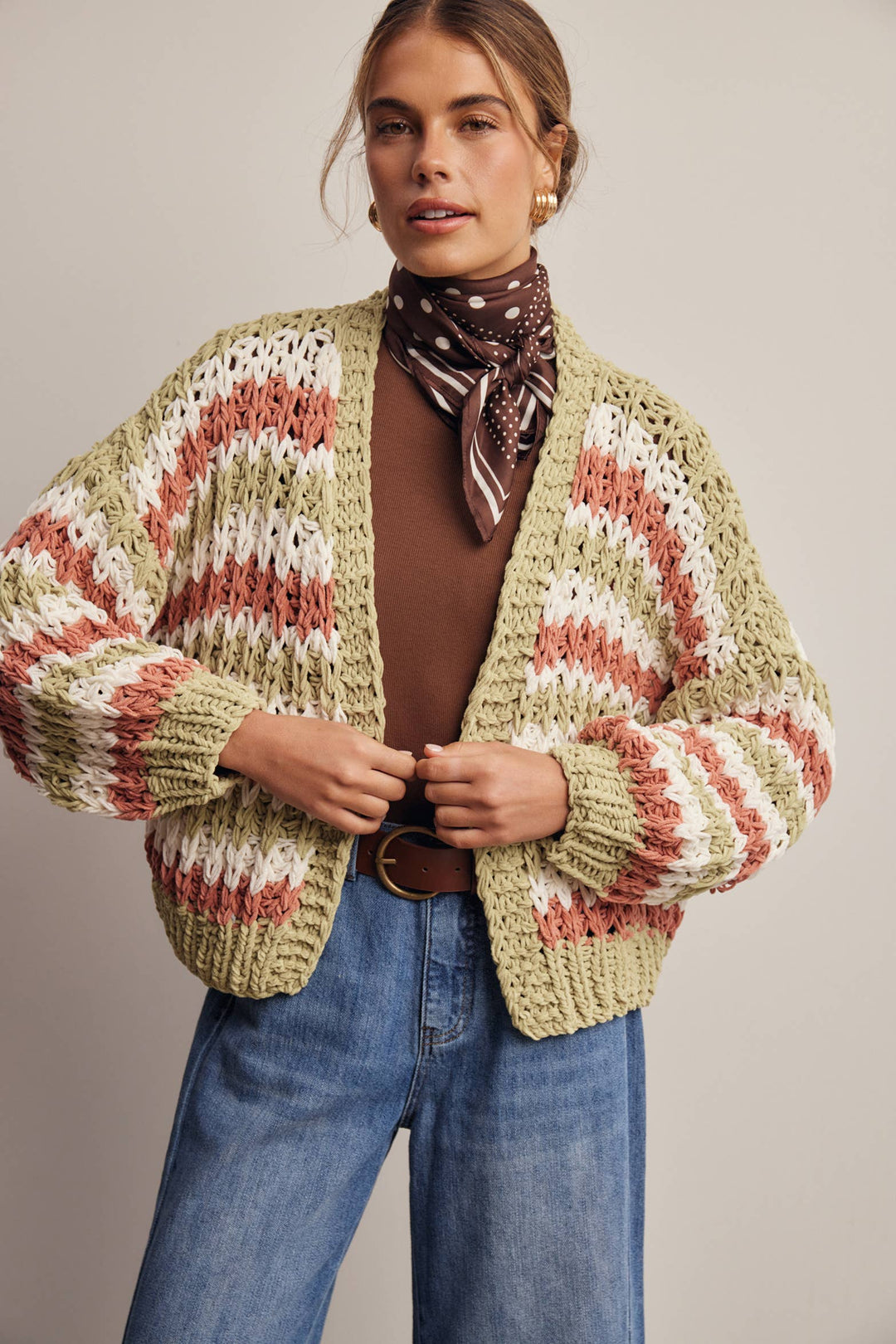 Hand Crochet Stripe Open Cardigan