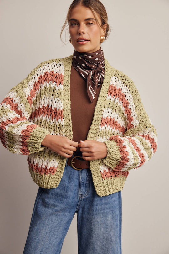 Hand Crochet Stripe Open Cardigan