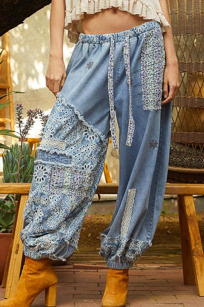 Floral Print Patchwork Twill Joggers
