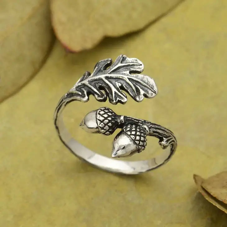 Nina Designs Adjustable Silver Acorn and Oak Leaf Ring - Simple Good