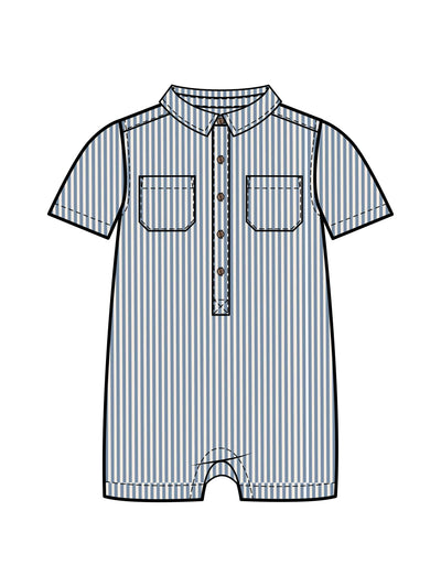 Colored Organics Organic Mato Seersucker Collared Romper - Shore Stripe/Mist - Simple Good