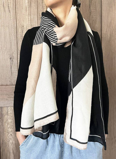 Beige Multi Geometric Pattern Cotton-Wool Wrap Scarf