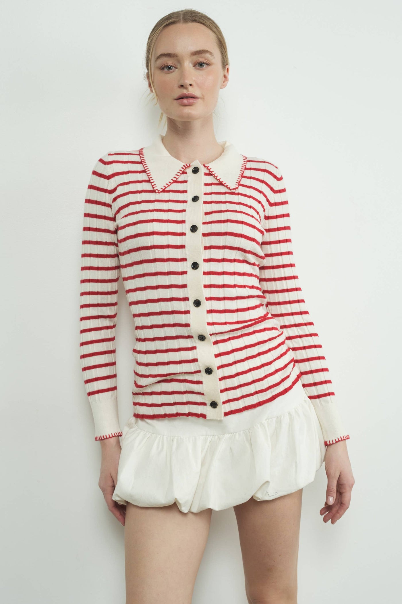 Striped Cardigan with Collar Stitching