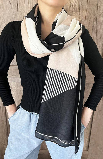 Beige Multi Geometric Pattern Cotton-Wool Wrap Scarf