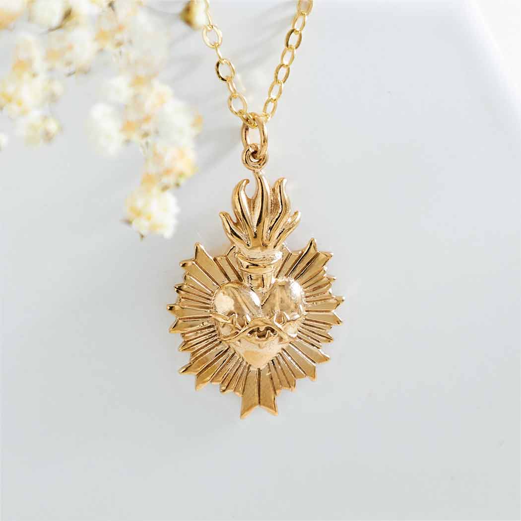 Bronze Flaming Sacred Heart Necklace with Gold Fill Chain