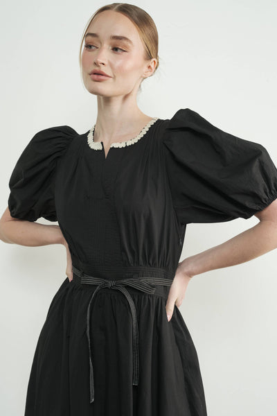 Embroidered Midi Dress with Puff Sleeve