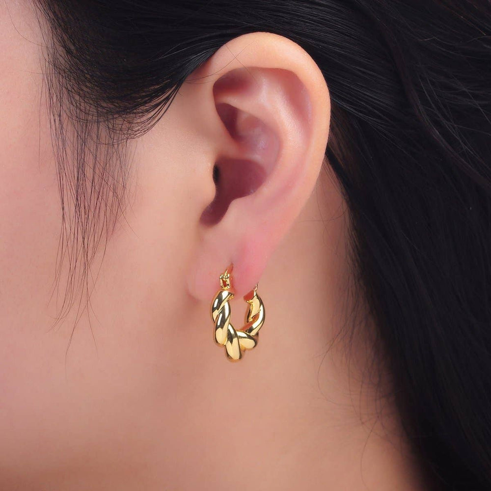 24K Gold Filled Chubby Twisted Croissant Latch Hoop Earrings