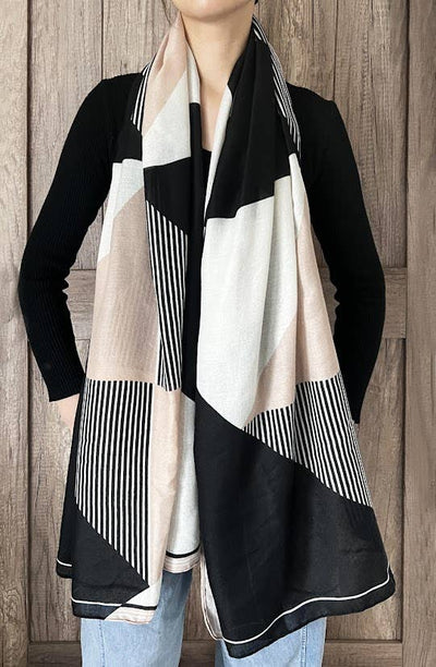 Beige Multi Geometric Pattern Cotton-Wool Wrap Scarf