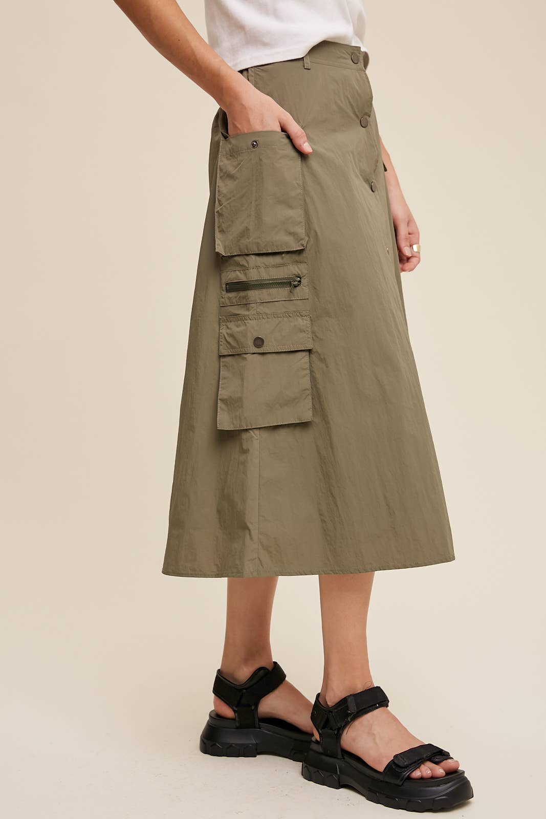 Parachute Button-Front Cargo Midi Skirt