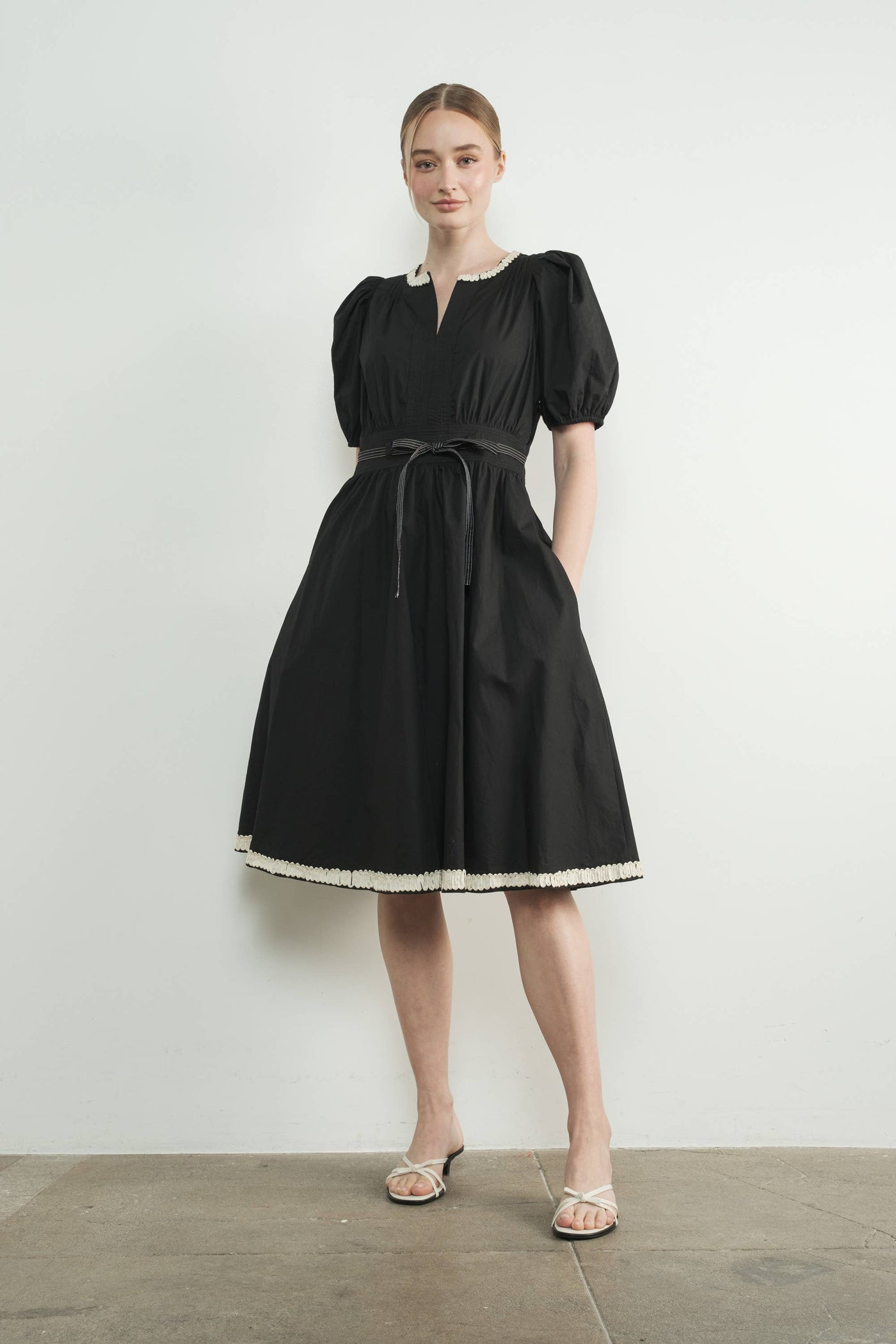 Embroidered Midi Dress with Puff Sleeve