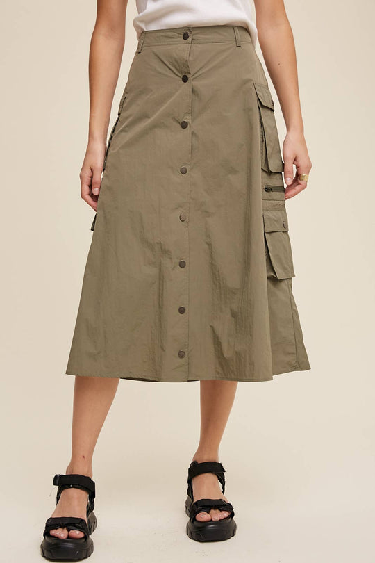 Parachute Button-Front Cargo Midi Skirt