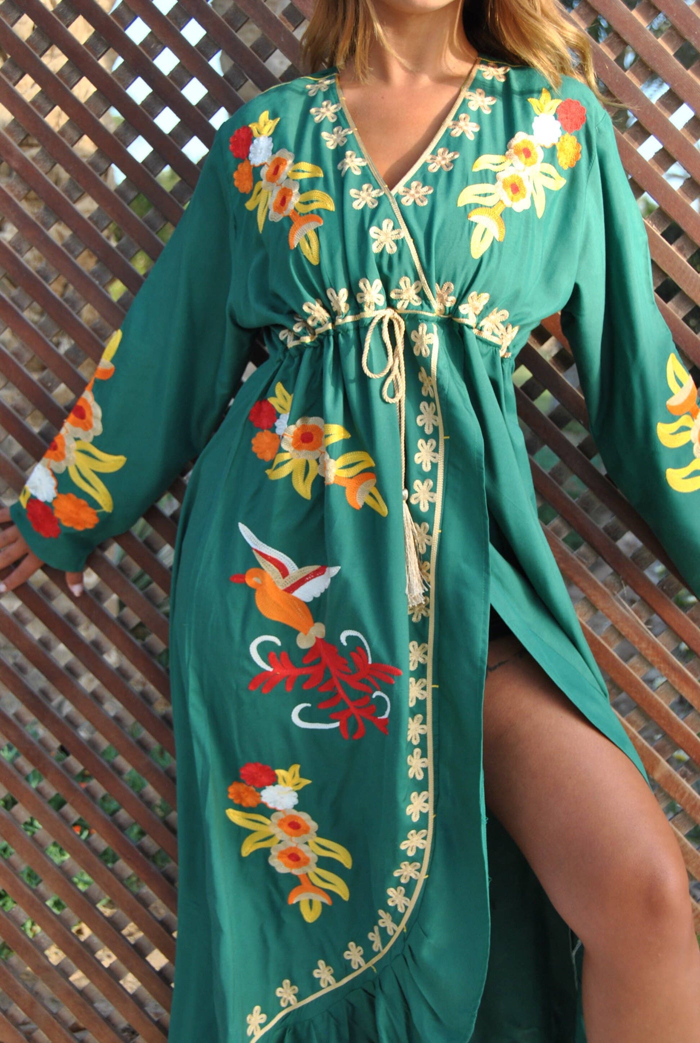 Gipci Green Birds Open Slit Embroidered Caftan - Simple Good