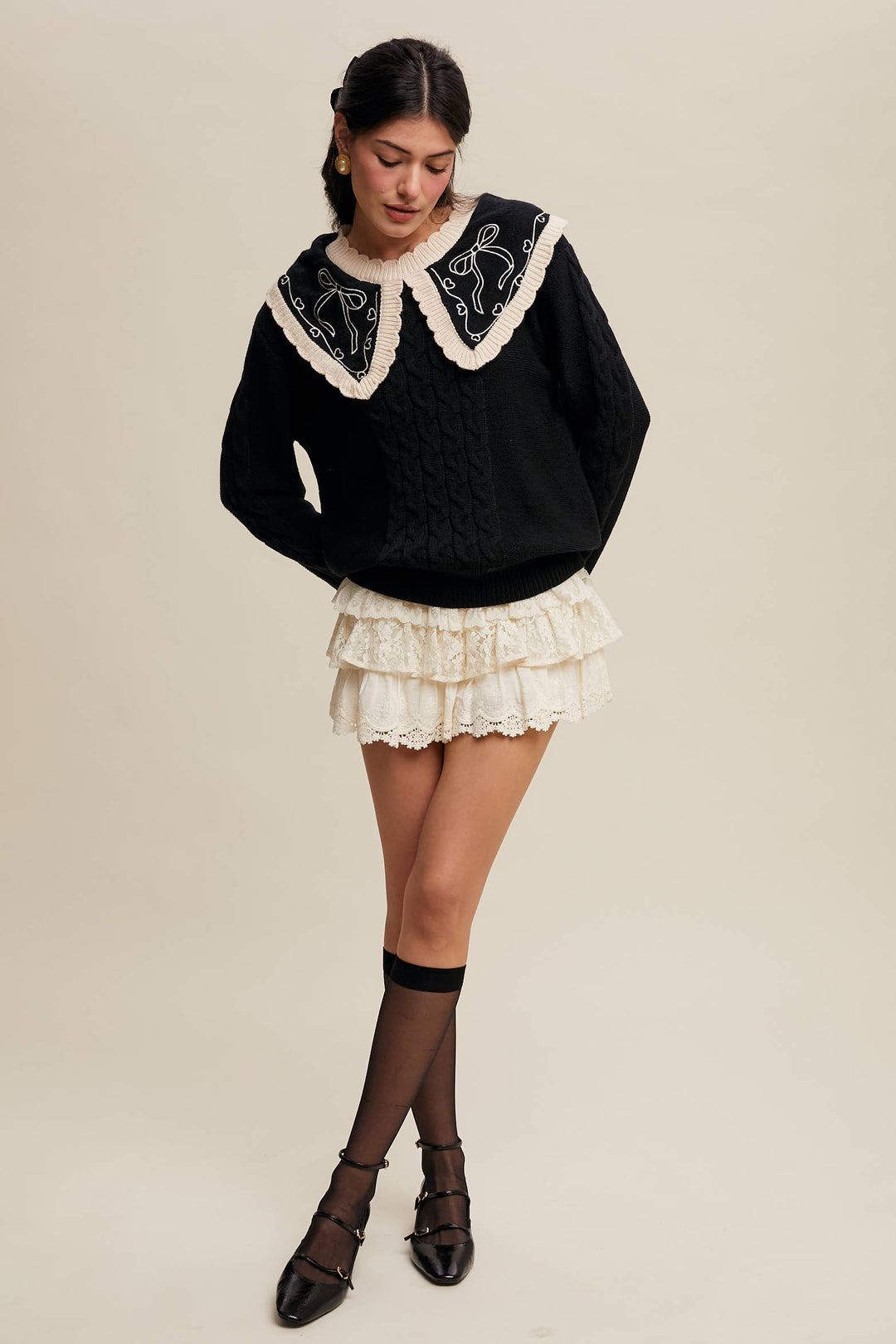 Bow Embroidered Cable Knit Sweater