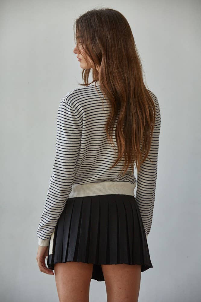 Knit Sweater Acrylic Striped Crew Neck Cardigan
